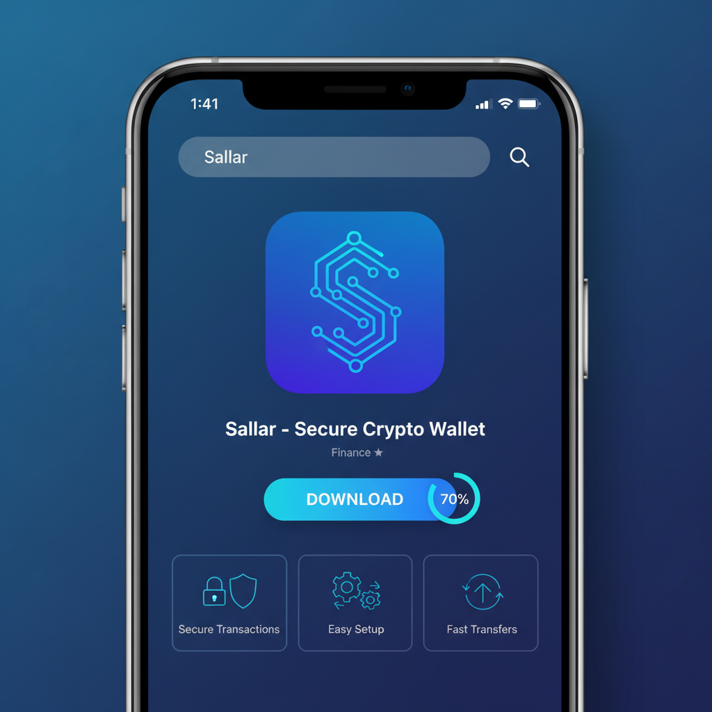 smartphone screen showing Sallar app download from store, vibrant blue Solana theme, modern UI