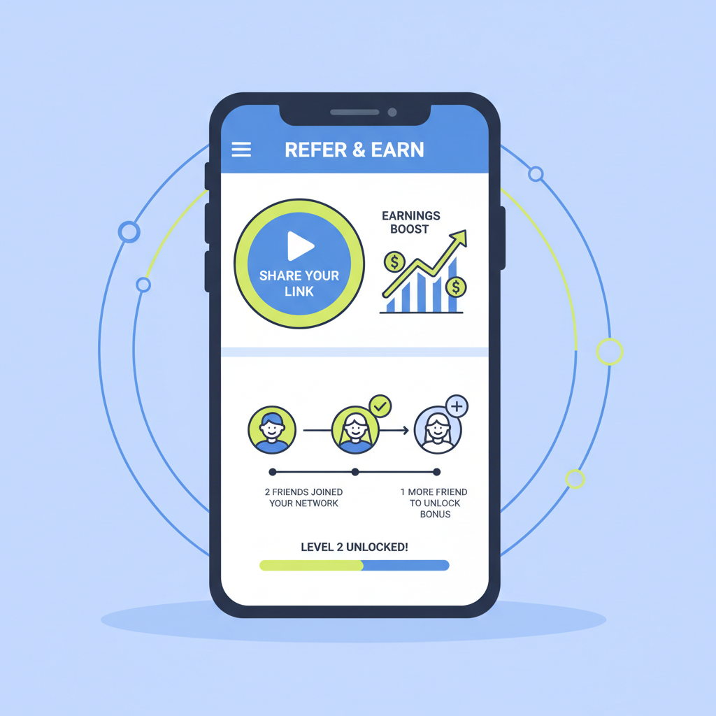 referral screen with share button and earnings boost graph, friends joining network