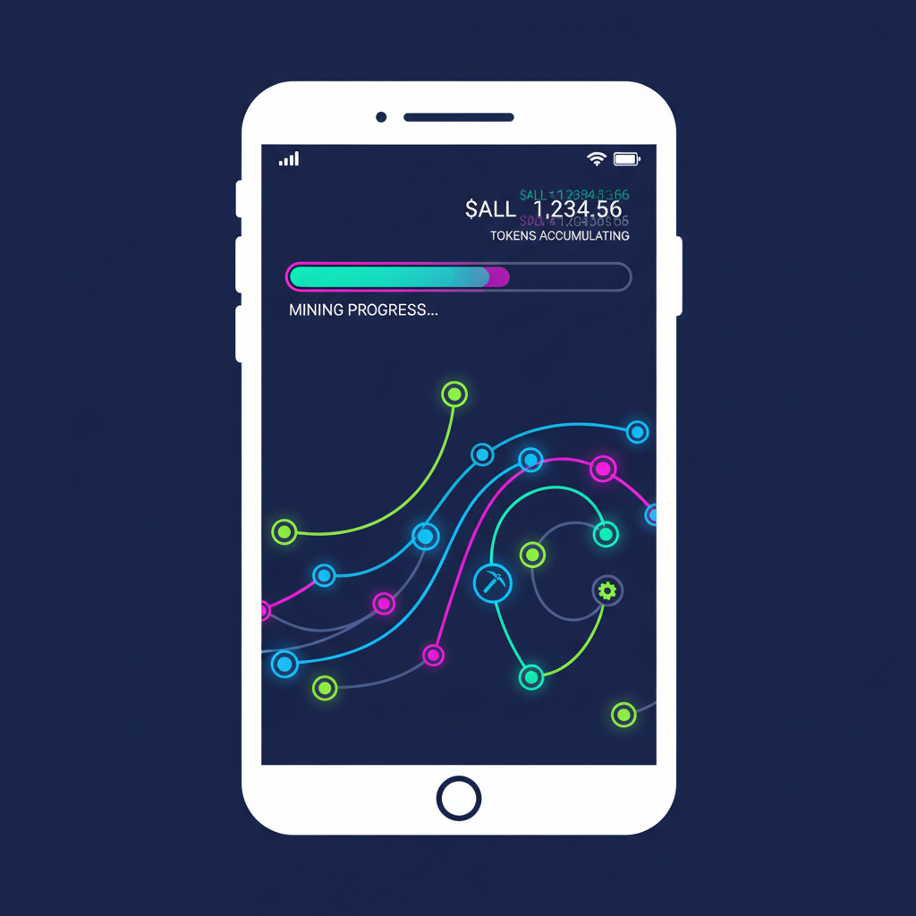 phone mining screen with progress bar and $ALL tokens accumulating, glowing network nodes