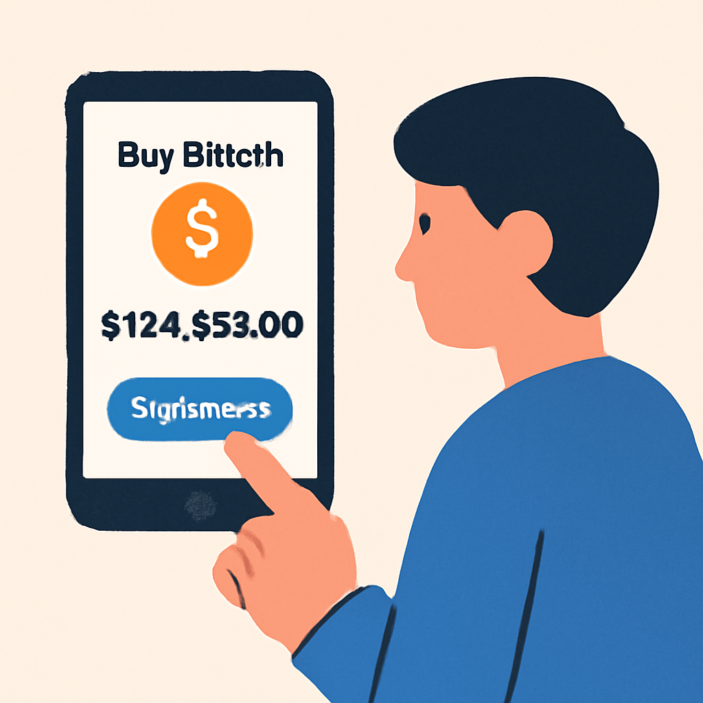 A user confirming a Bitcoin purchase on a digital exchange, with price displayed as $124,356.00, clear and focused style.