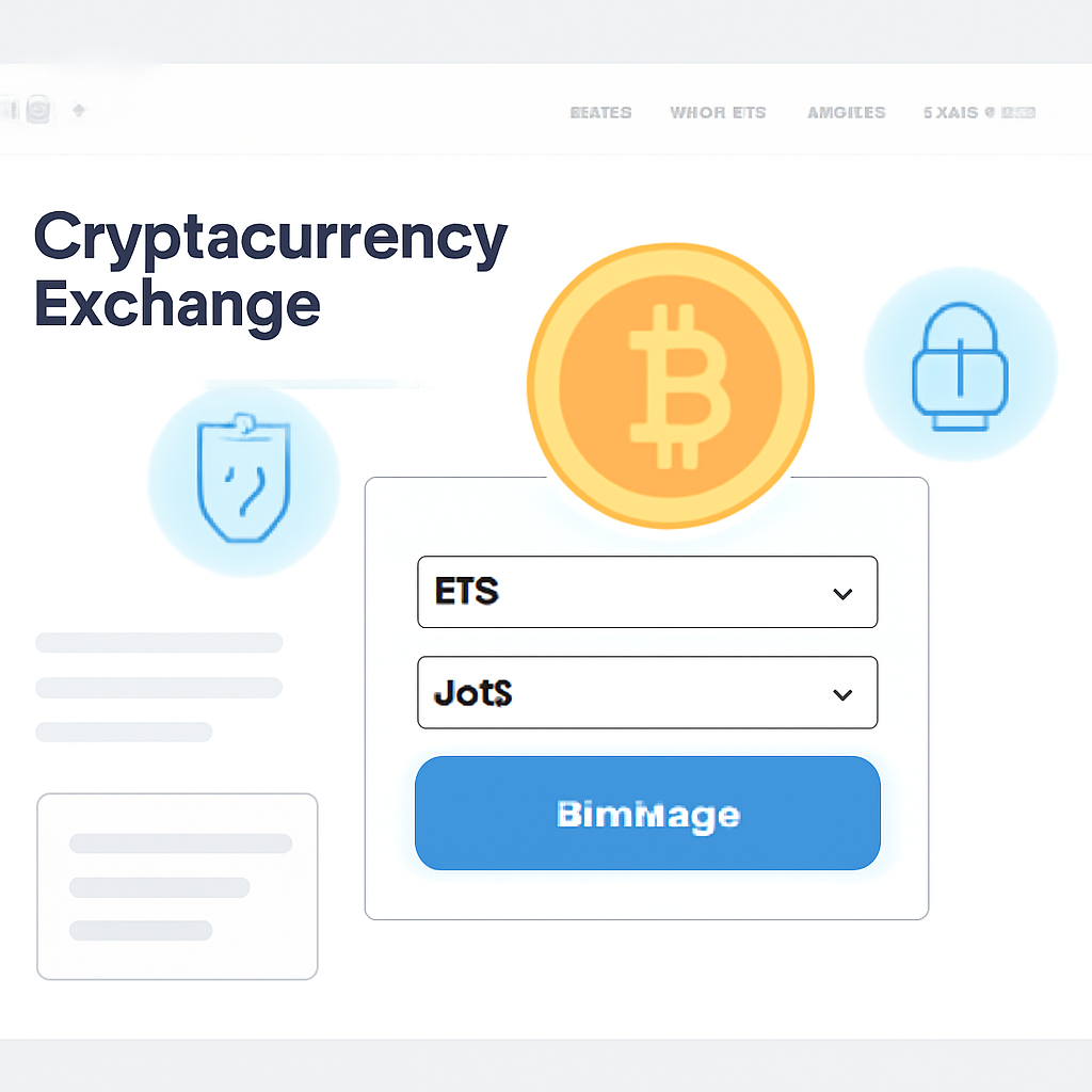 A secure, modern cryptocurrency exchange website interface with security icons and a Bitcoin logo, clean and trustworthy look.