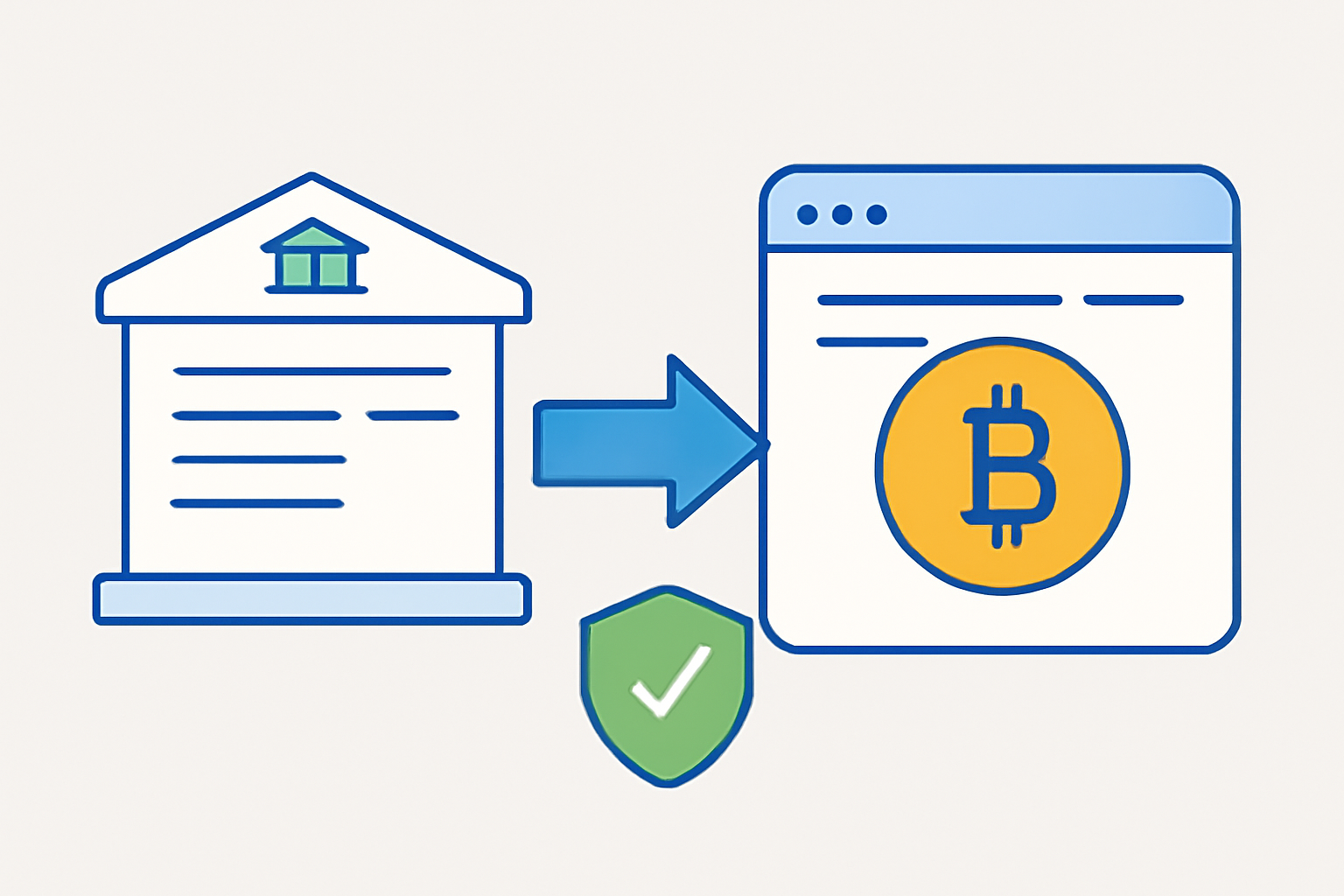 A bank transfer to a crypto exchange account, showing a safe transaction with a Bitcoin icon, modern and reassuring look.