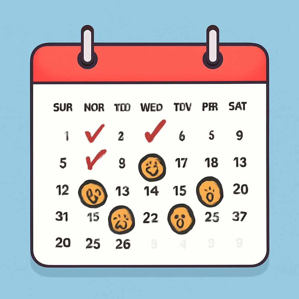 A calendar with marked dates and Bitcoin coins, representing dollar-cost averaging, simple and educational style.
