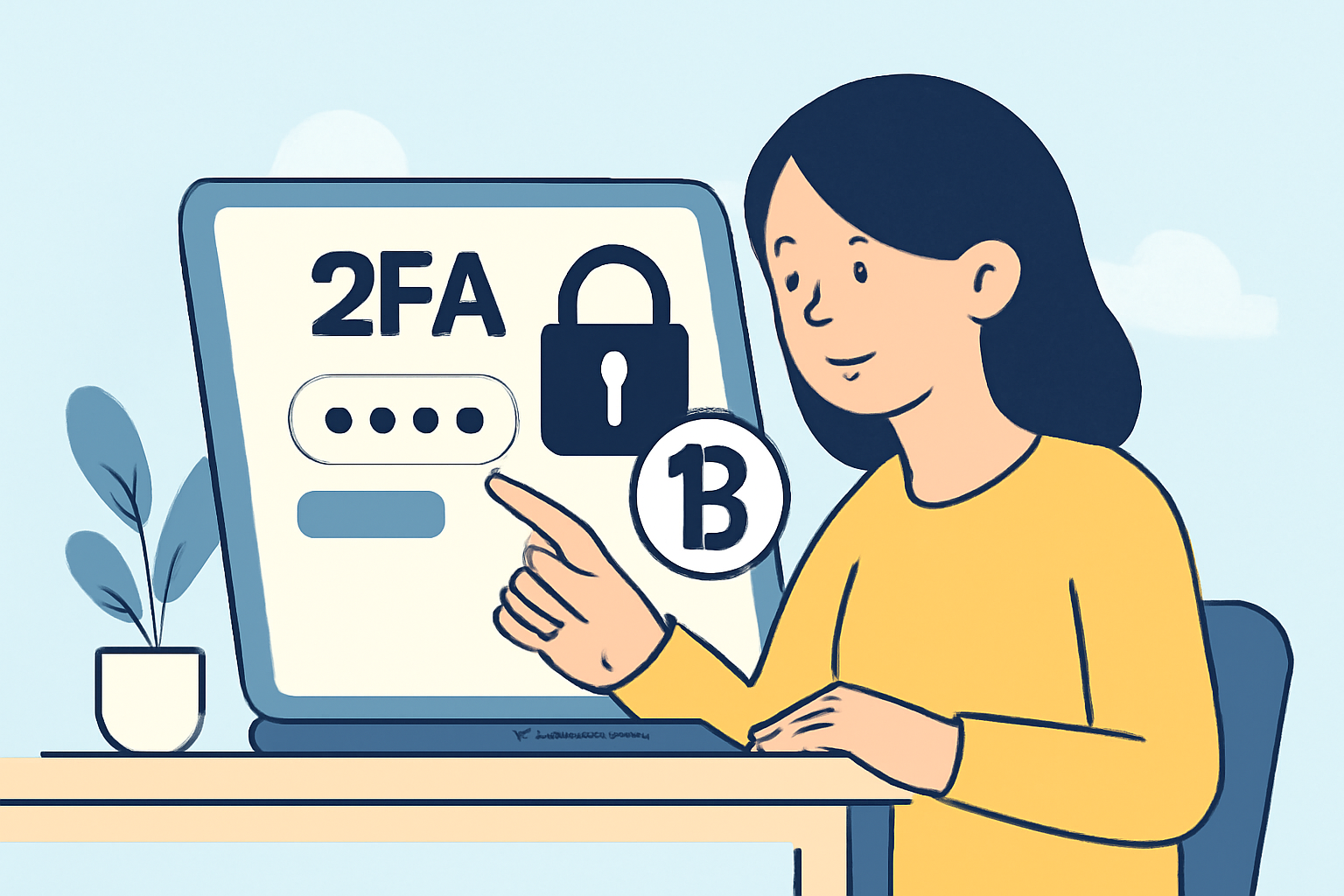 A user enabling two-factor authentication on a computer, with a lock icon and Bitcoin symbol, bright and safe atmosphere.