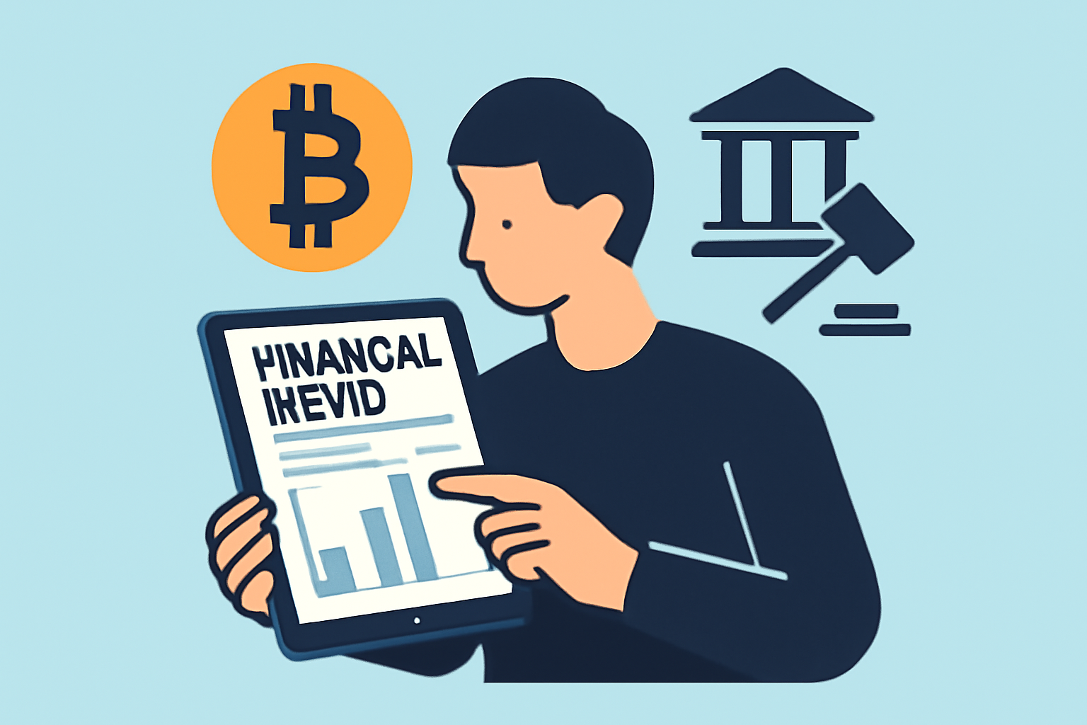 A person reading financial news on a tablet, with Bitcoin and regulation symbols in the background, modern and informative style.