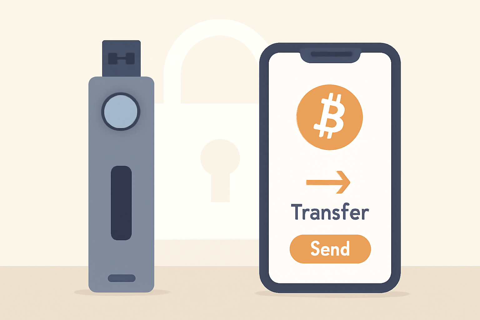 A hardware crypto wallet and a smartphone displaying a Bitcoin transfer, secure and private environment.