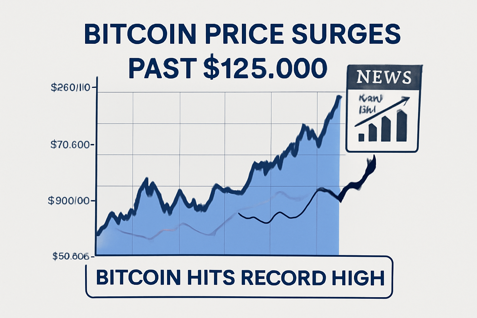A digital chart showing Bitcoin price surging past $125,000 with financial news headlines and fluctuating price lines, modern and professional style.