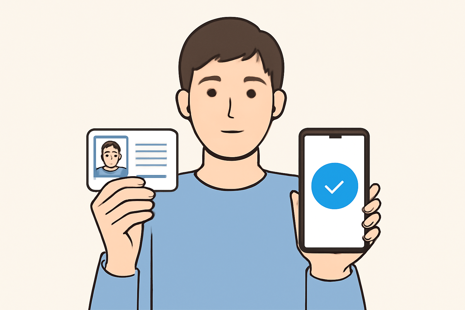 A person holding an ID card and smartphone, verifying identity on a digital platform, clear and official style.