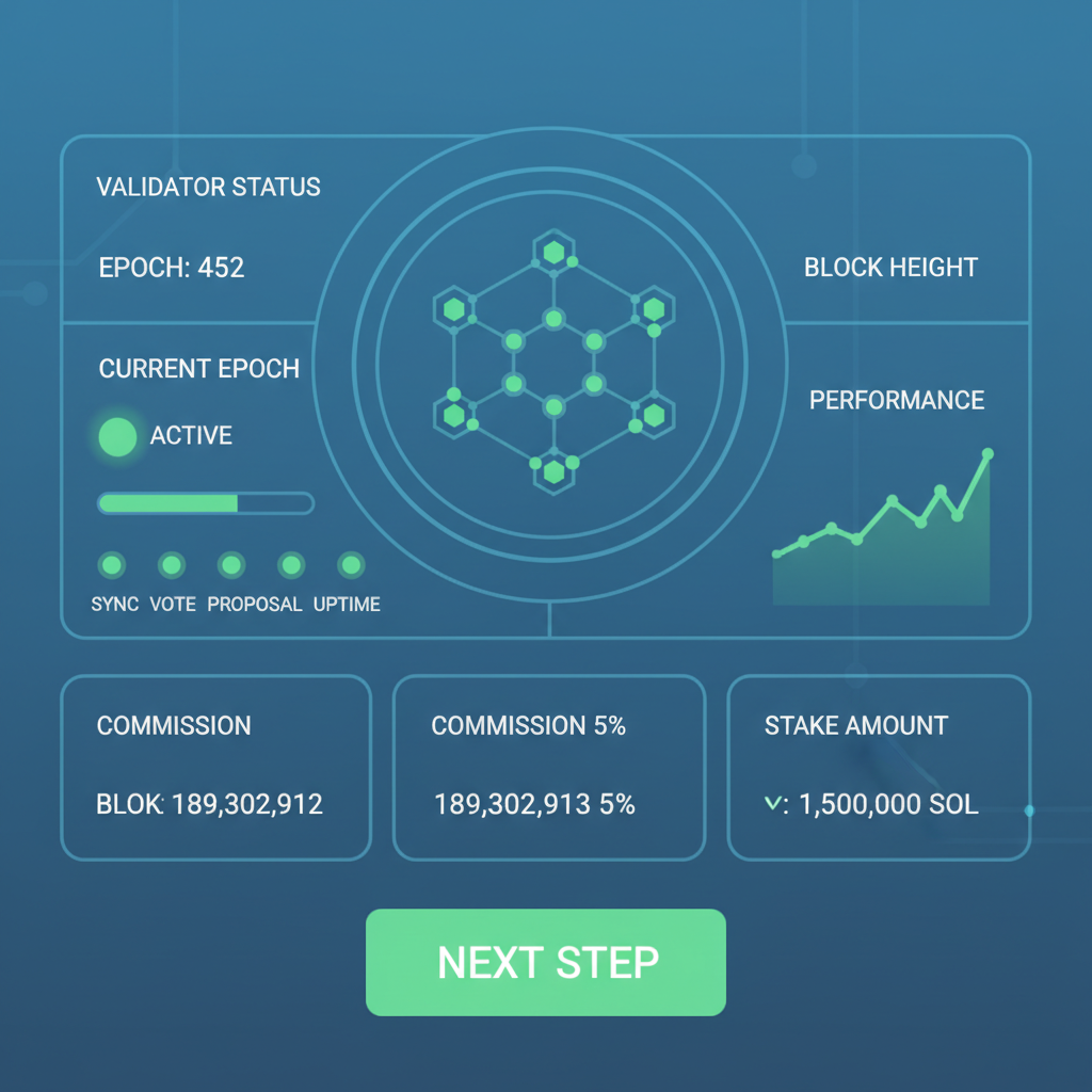 Solana validator node dashboard with green status lights, futuristic blockchain interface