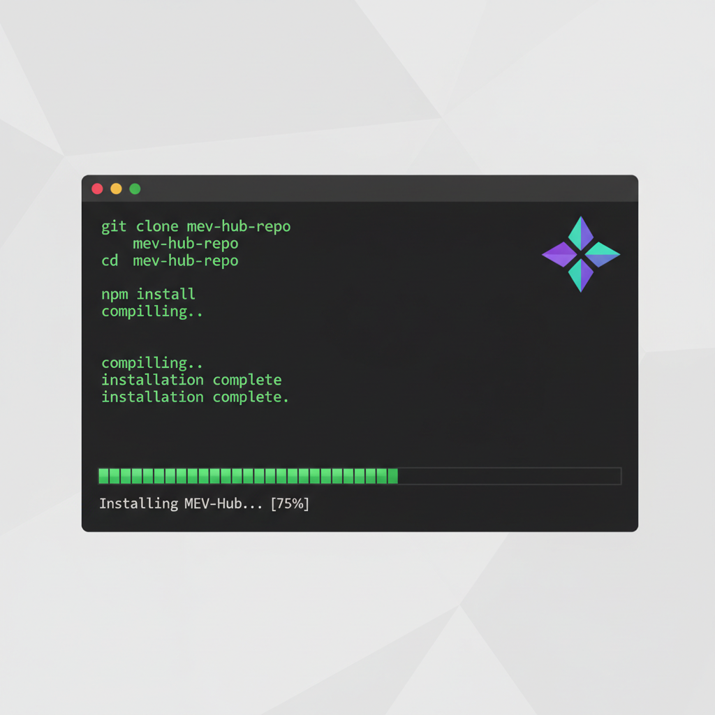 Command line terminal installing MEV-Hub software, code scrolling, Solana logo