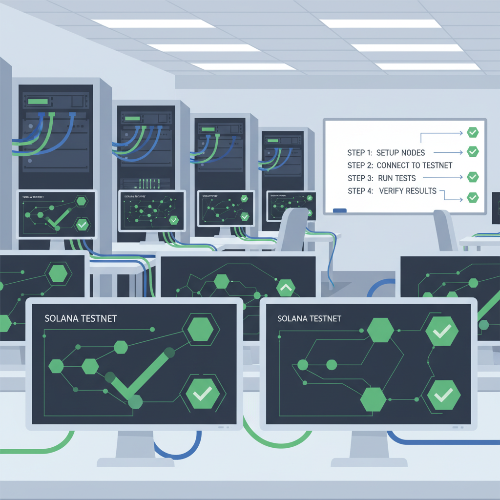 Testing lab with Solana testnet nodes connected, green checkmarks on screens