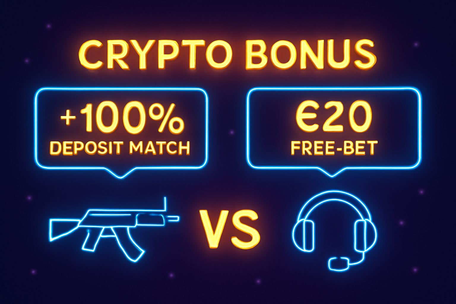 A glowing crypto bonus banner on an esports betting site, showing deposit match and free bet offers with esports icons.