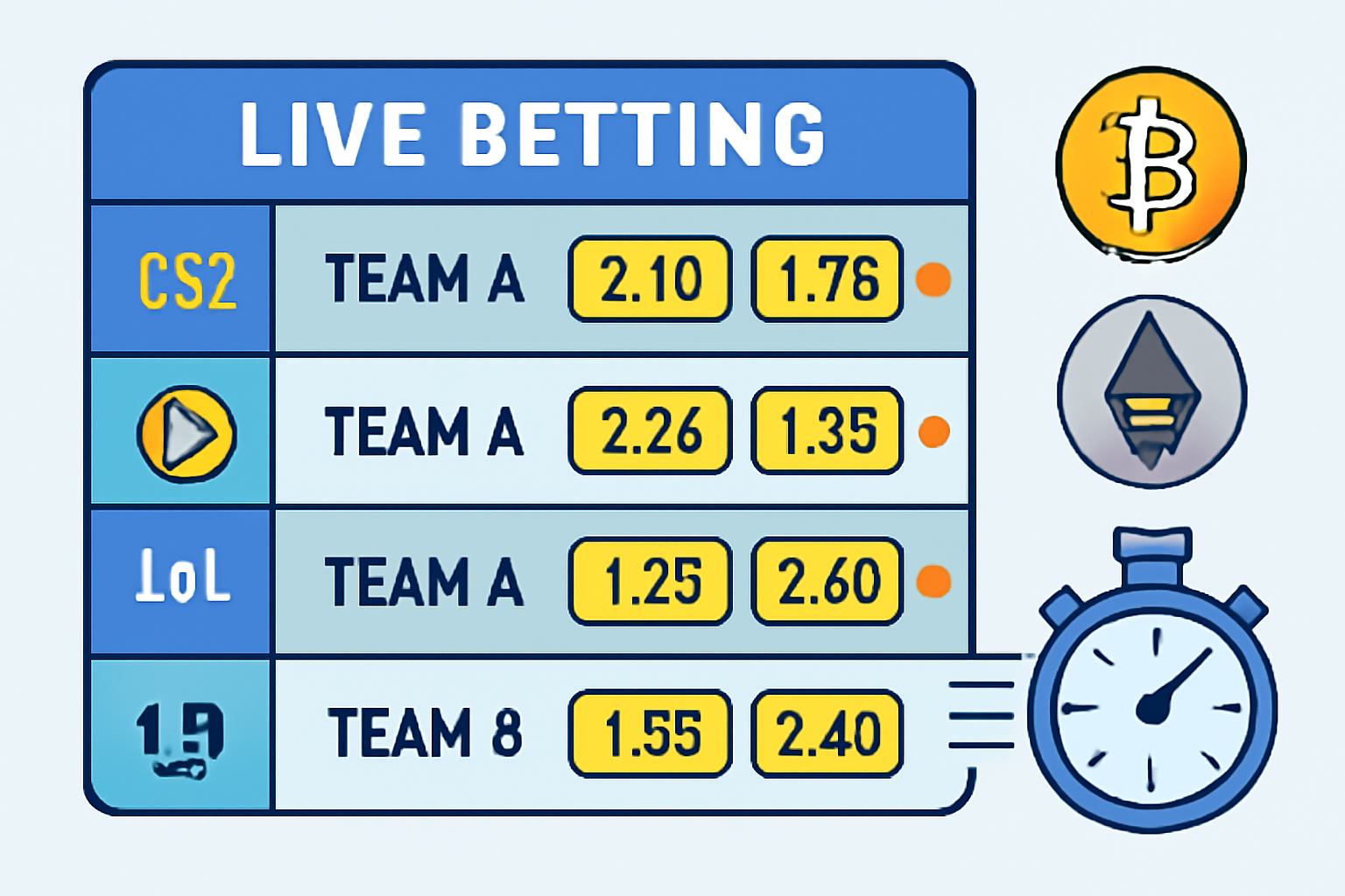 A dynamic esports betting interface showing live odds updates for CS2, Dota 2, and LoL, with crypto symbols and fast transaction icons.