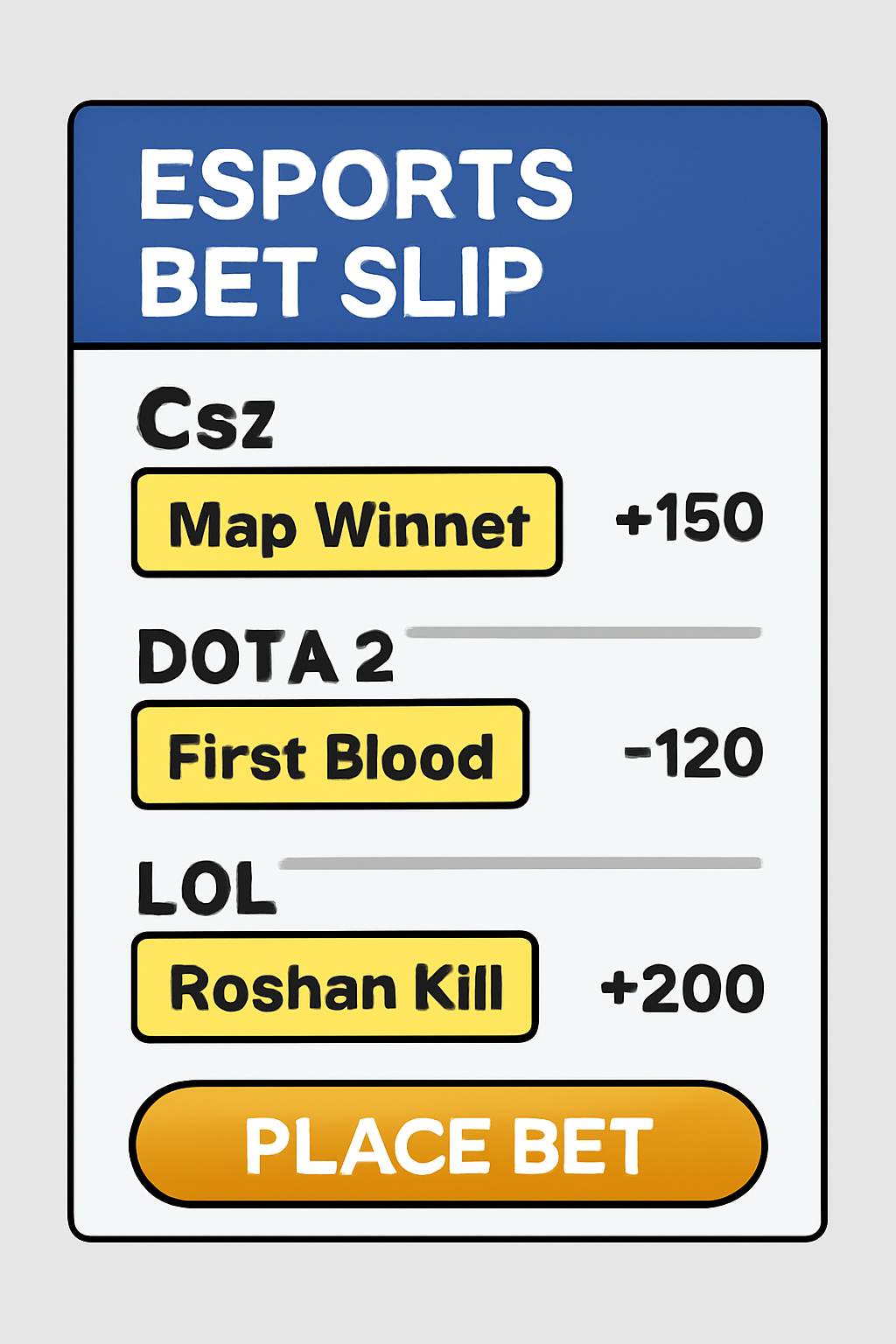 Esports bet slip featuring niche markets such as map winner, first blood, and Roshan kill, highlighted for CS2, Dota 2, and LoL.