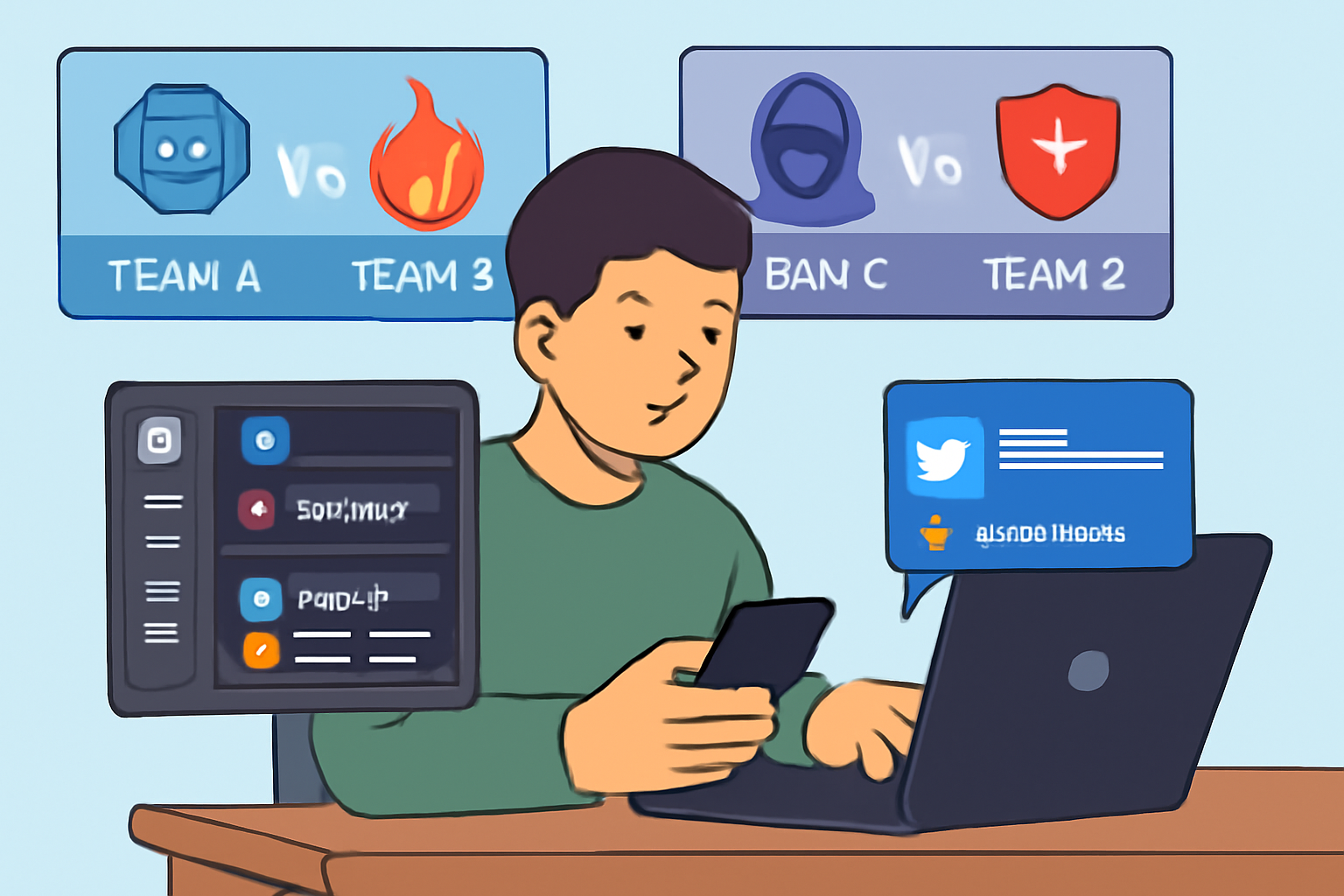 A person checking esports Discord channels and Twitter feeds for betting tips, with esports match graphics in the background.