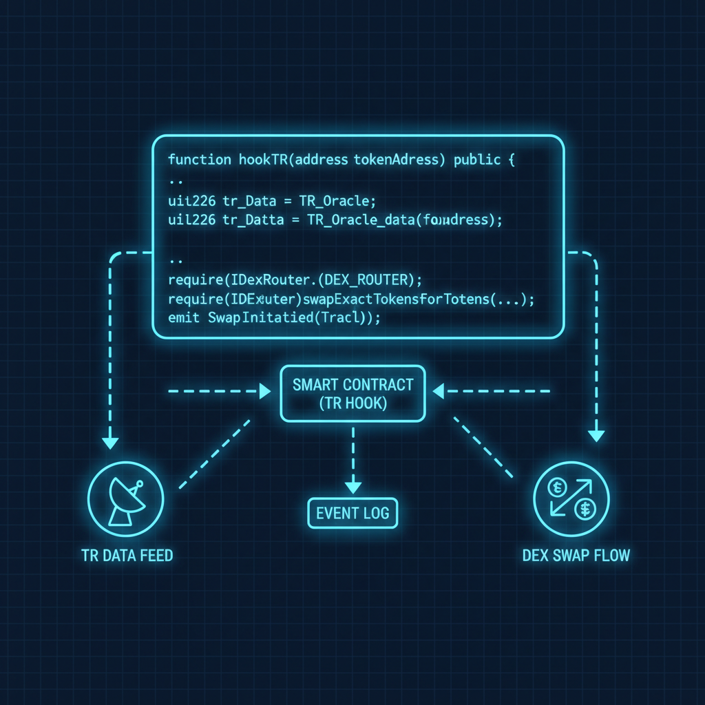 blockchain smart contract code snippet hooking TR data to DEX swap flow, data streams connecting nodes, neon blue tones