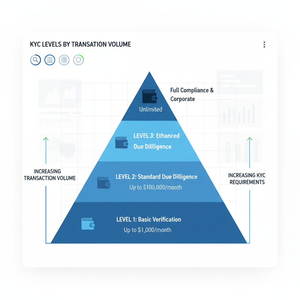 tiered pyramid chart for KYC levels by transaction volume, wallet icons scaling up, analytical dashboard style