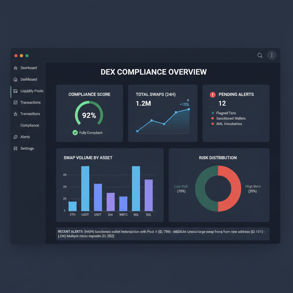 sleek web dashboard showing DEX compliance metrics, graphs of swaps and alerts, dark mode professional UI