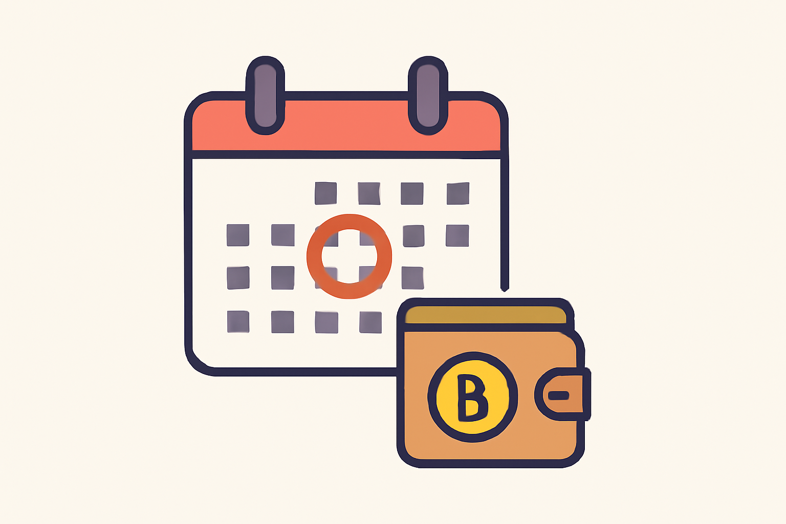 A calendar page with a date circled and a crypto wallet icon beside it, emphasizing scheduling and planning.