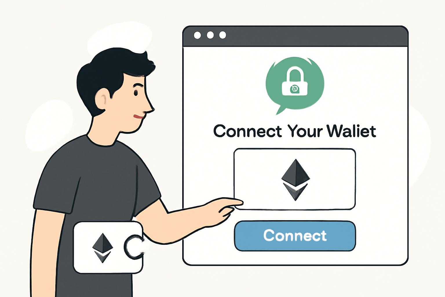 A user connecting their crypto wallet to a secure website, with a padlock icon indicating safety.