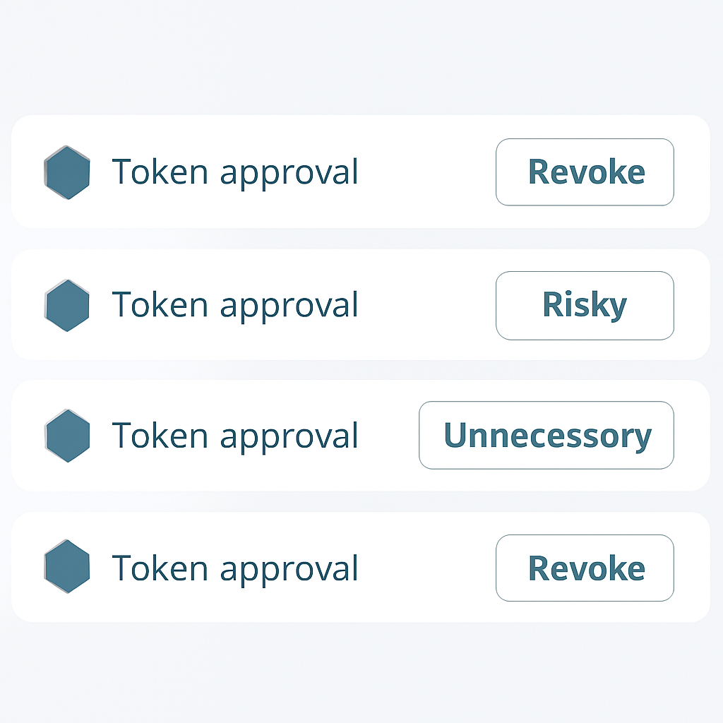 A user interface with 'Revoke' buttons next to token approval entries, and some entries marked as risky or unnecessary.
