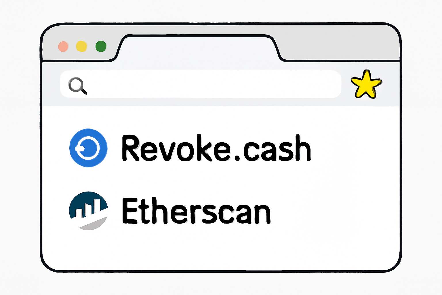 A browser window with Revoke.cash and Etherscan open, with a bookmark star highlighted.