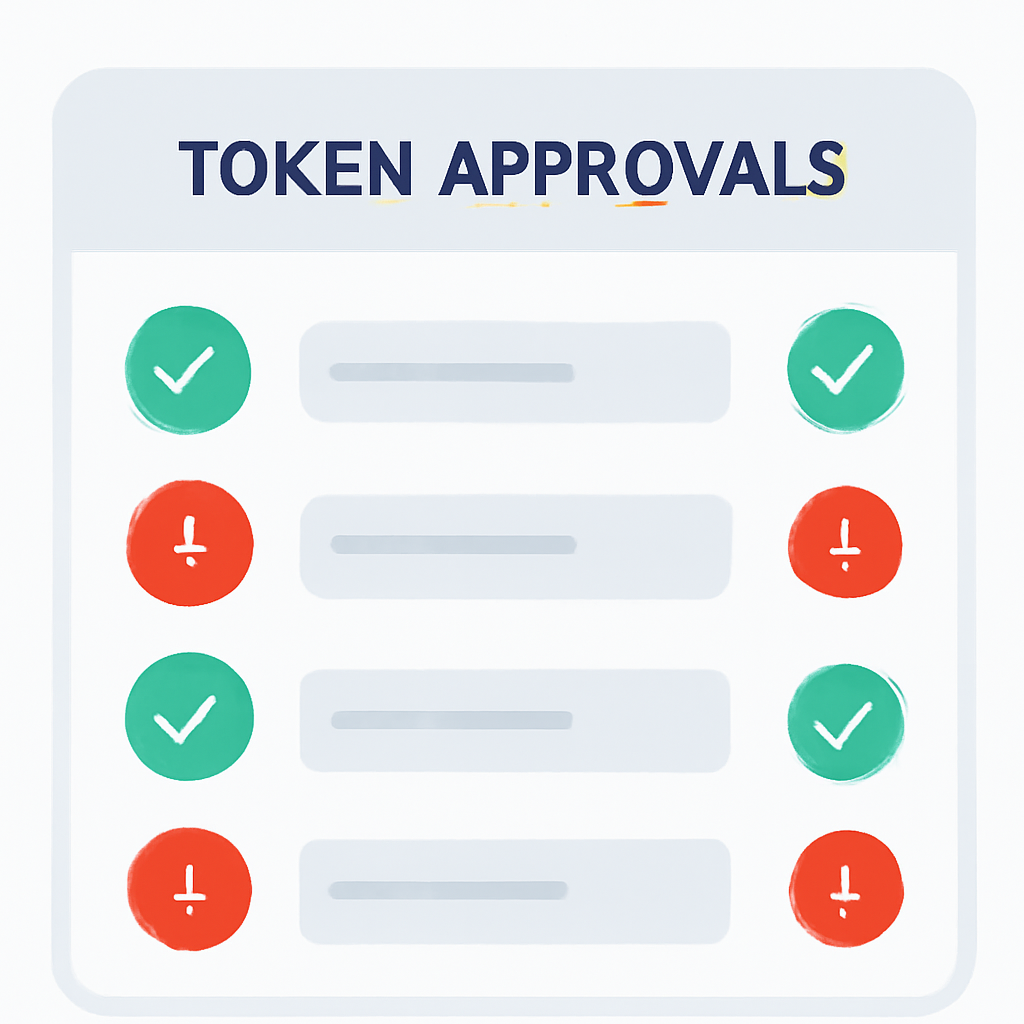 A digital dashboard listing token approvals with checkmarks and warning signs next to each entry.