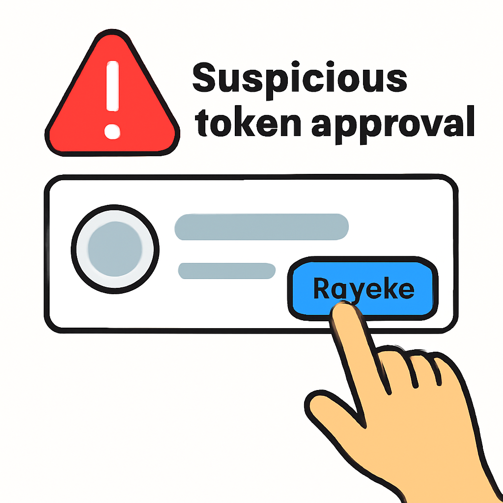 A hand clicking a 'Revoke' button next to a suspicious token approval, with a red warning icon.