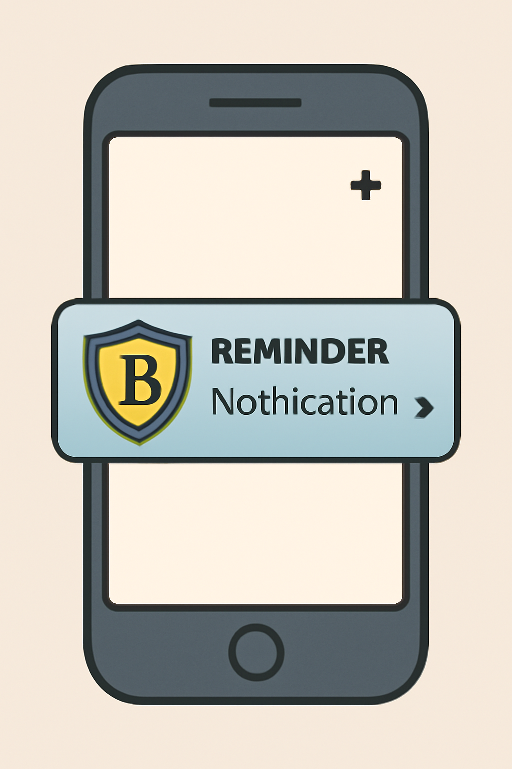 A smartphone displaying a notification reminder with a crypto shield symbol, representing security alerts.