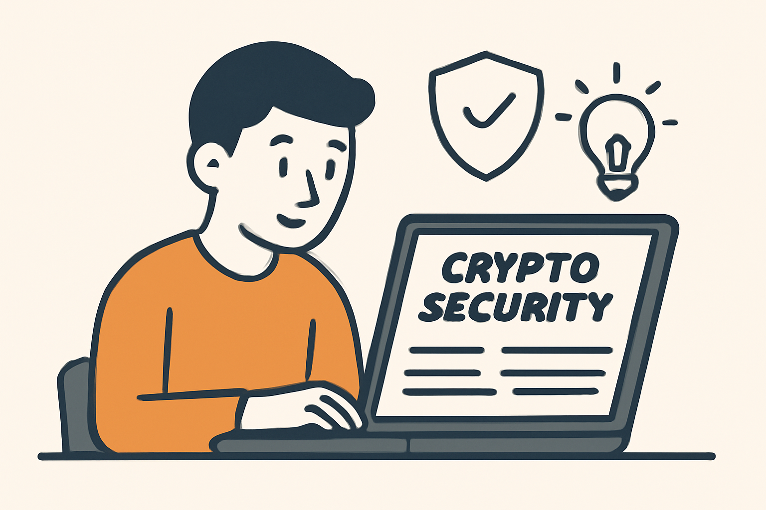 A user reading a crypto security blog on a laptop, with a shield and lightbulb icon symbolizing learning and protection.
