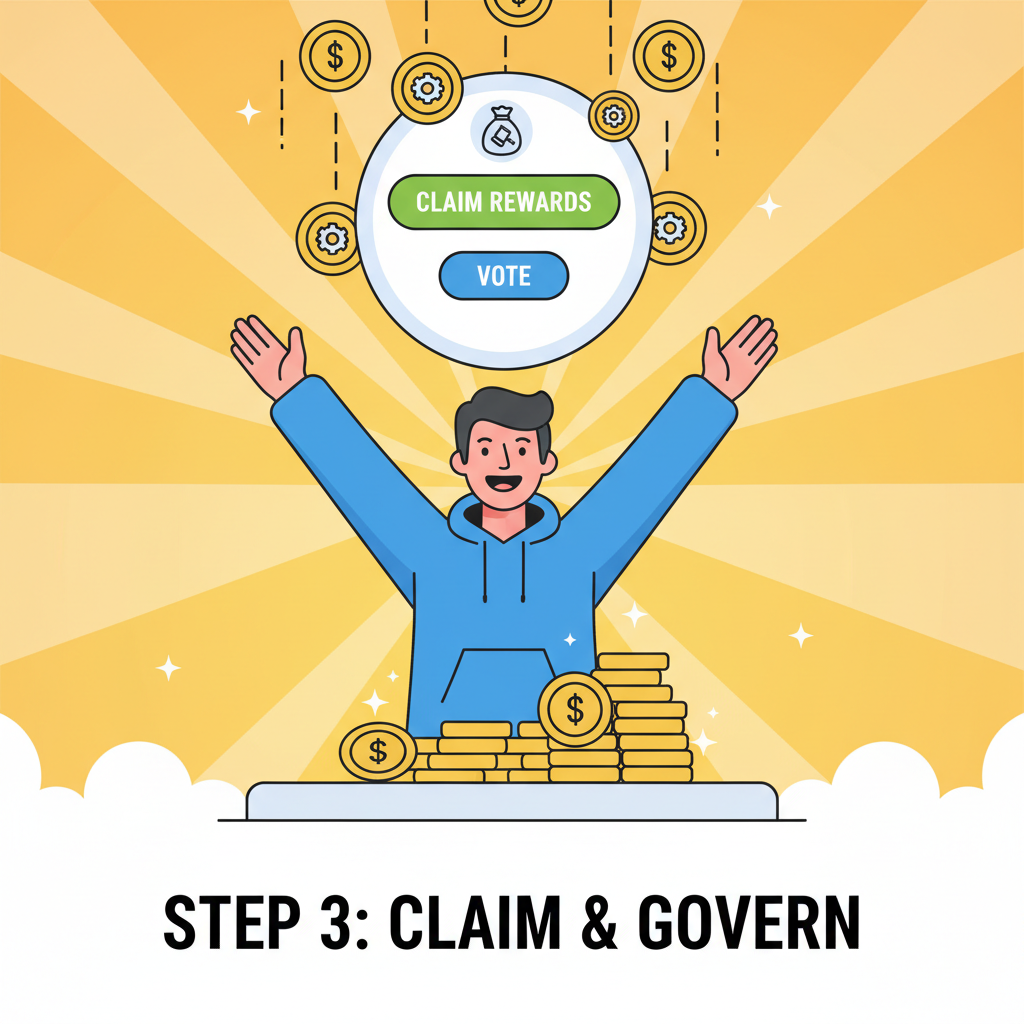 user claiming staking rewards, governance tokens voting interface, golden coins raining, triumphant vibe