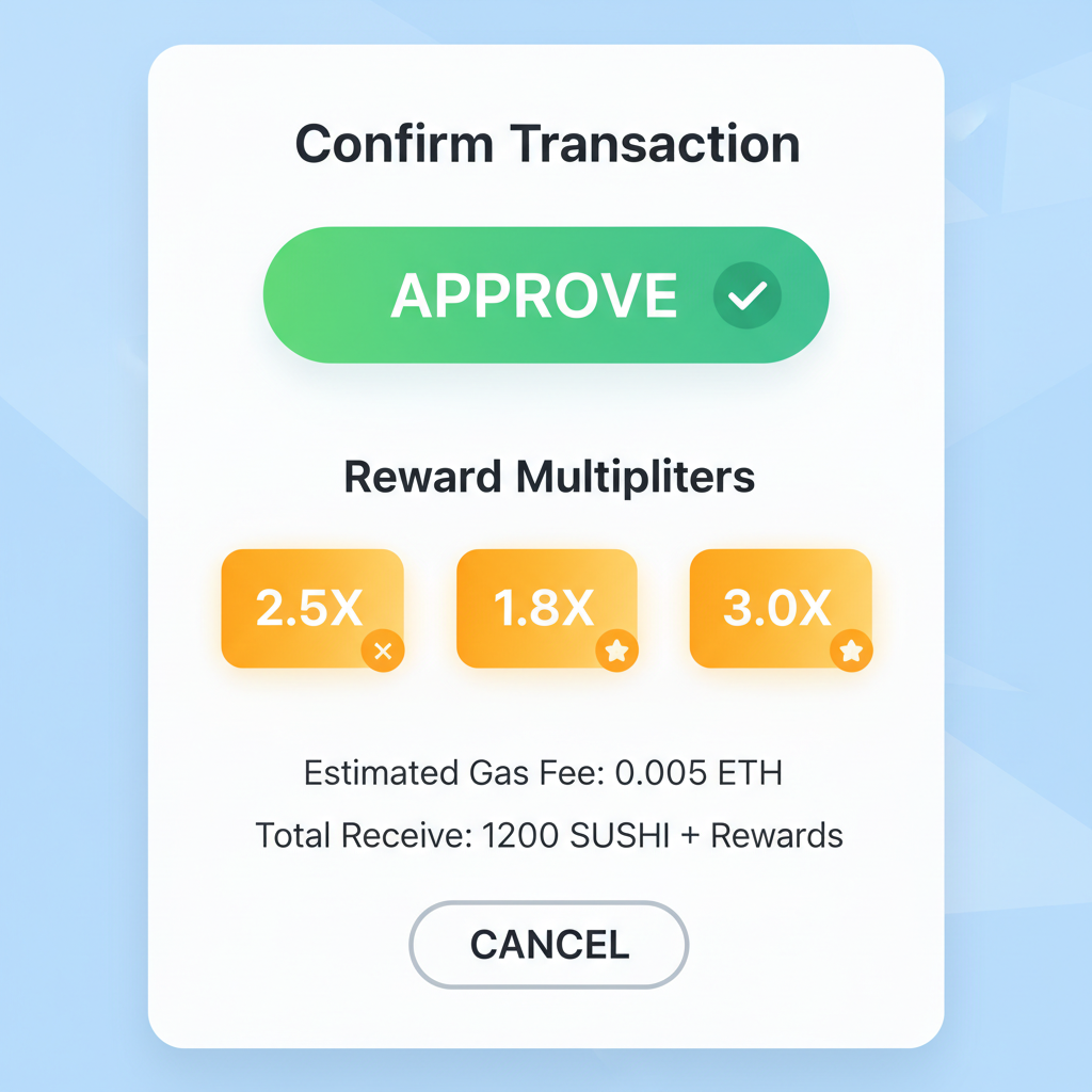 transaction confirmation screen in DeFi app, green approve button, reward multipliers highlighted