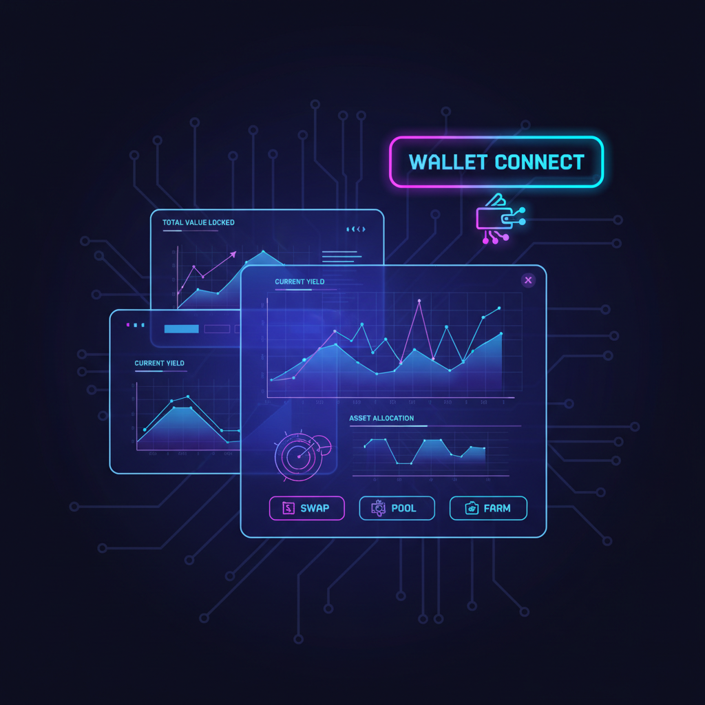 futuristic DeFi dashboard with wallet connect button glowing, neon blues and purples, cyberpunk style