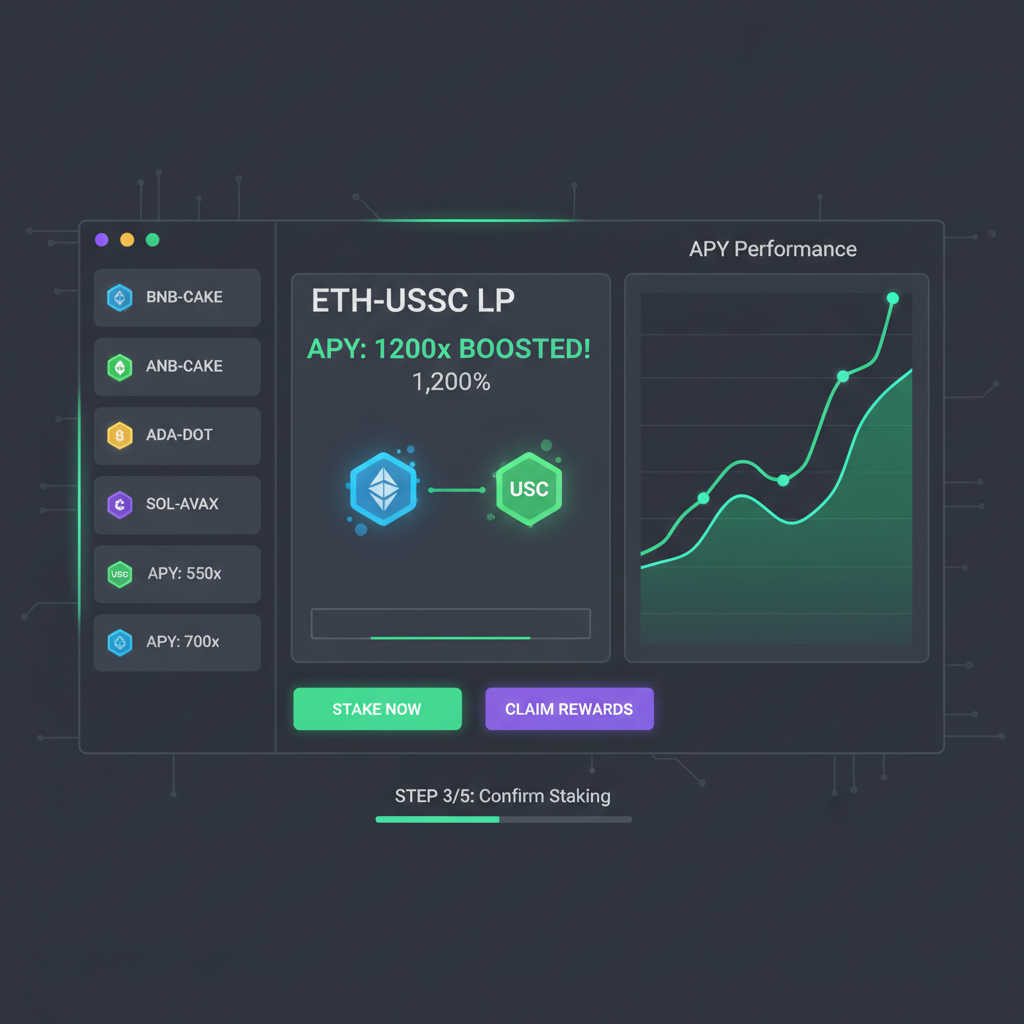 DeFi staking pools interface, tokens glowing, APY multipliers displayed, vibrant green charts