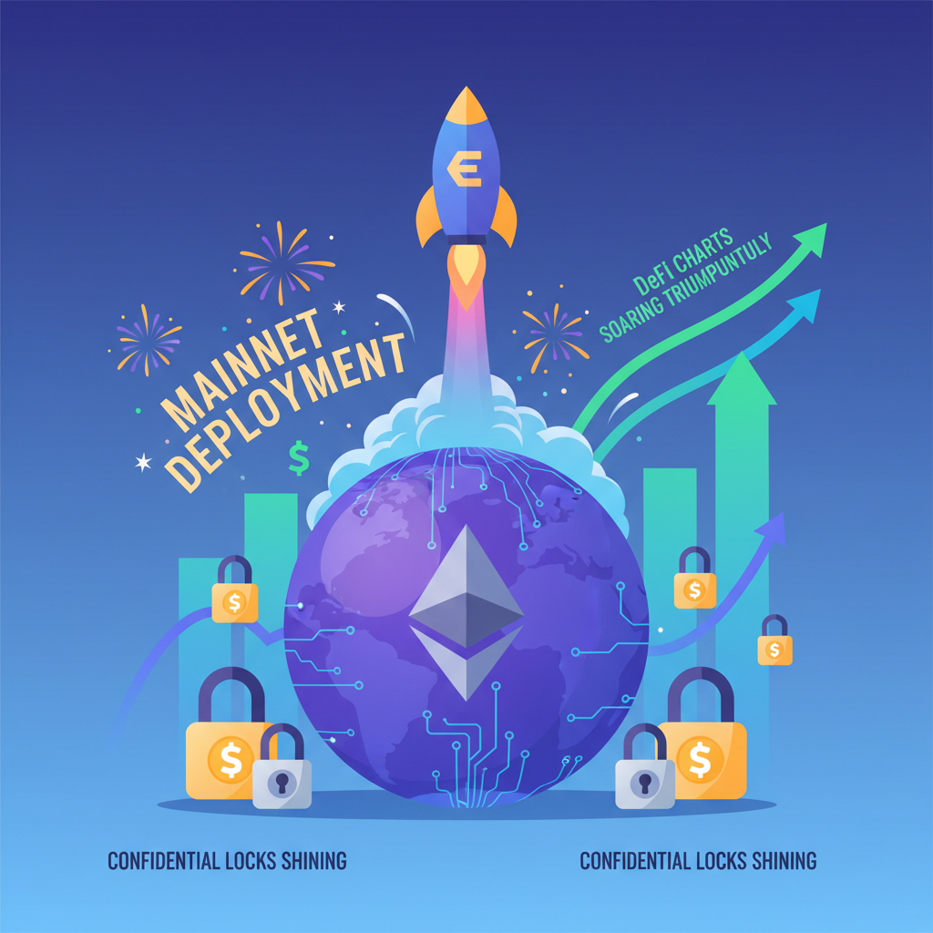 Rocket launching from Ethereum globe, mainnet deployment fireworks, confidential locks shining, DeFi charts soaring triumphantly