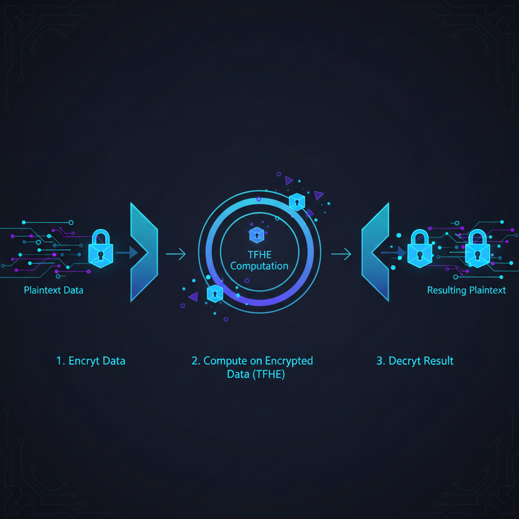 Animated encryption process, data streams turning into glowing locked boxes, TFHE computations sparking, dark mode with electric blues