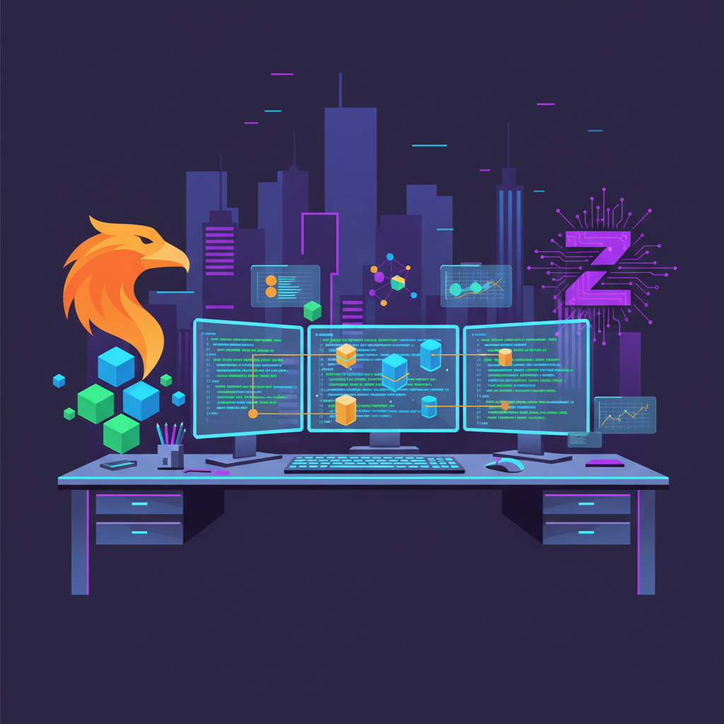 Dynamic developer workstation with glowing Fhenix and Zama logos, code terminals, Ethereum blockchain visuals, cyberpunk neon style