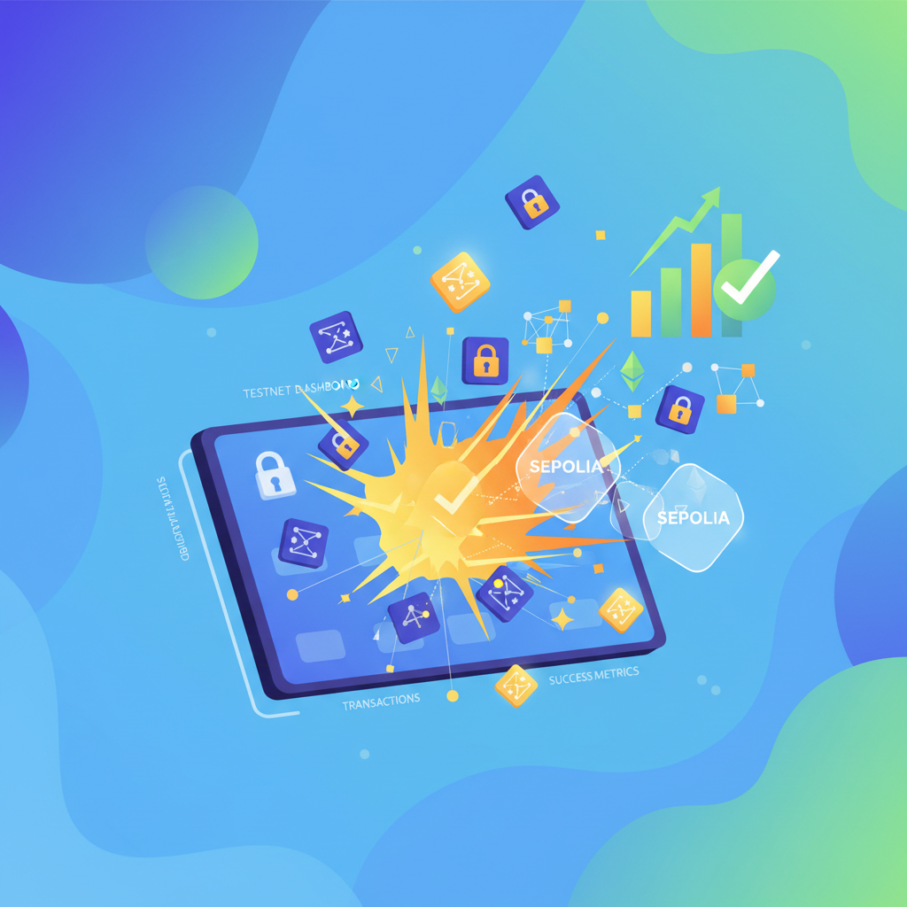 Testnet dashboard exploding with transaction visuals, Sepolia blockchain nodes, encrypted lending simulations, success charts rising