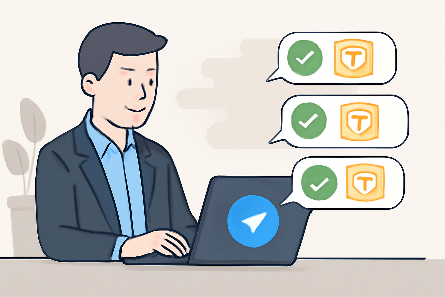 A business owner monitoring Telegram bot transactions on a laptop, with notifications of successful Toncoin payments.