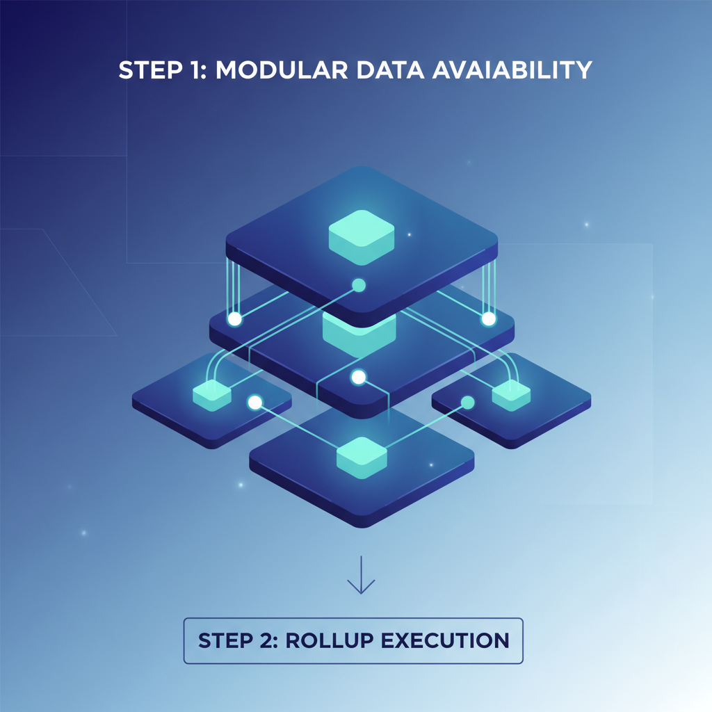 futuristic modular blockchain DA layer with glowing data squares and light nodes