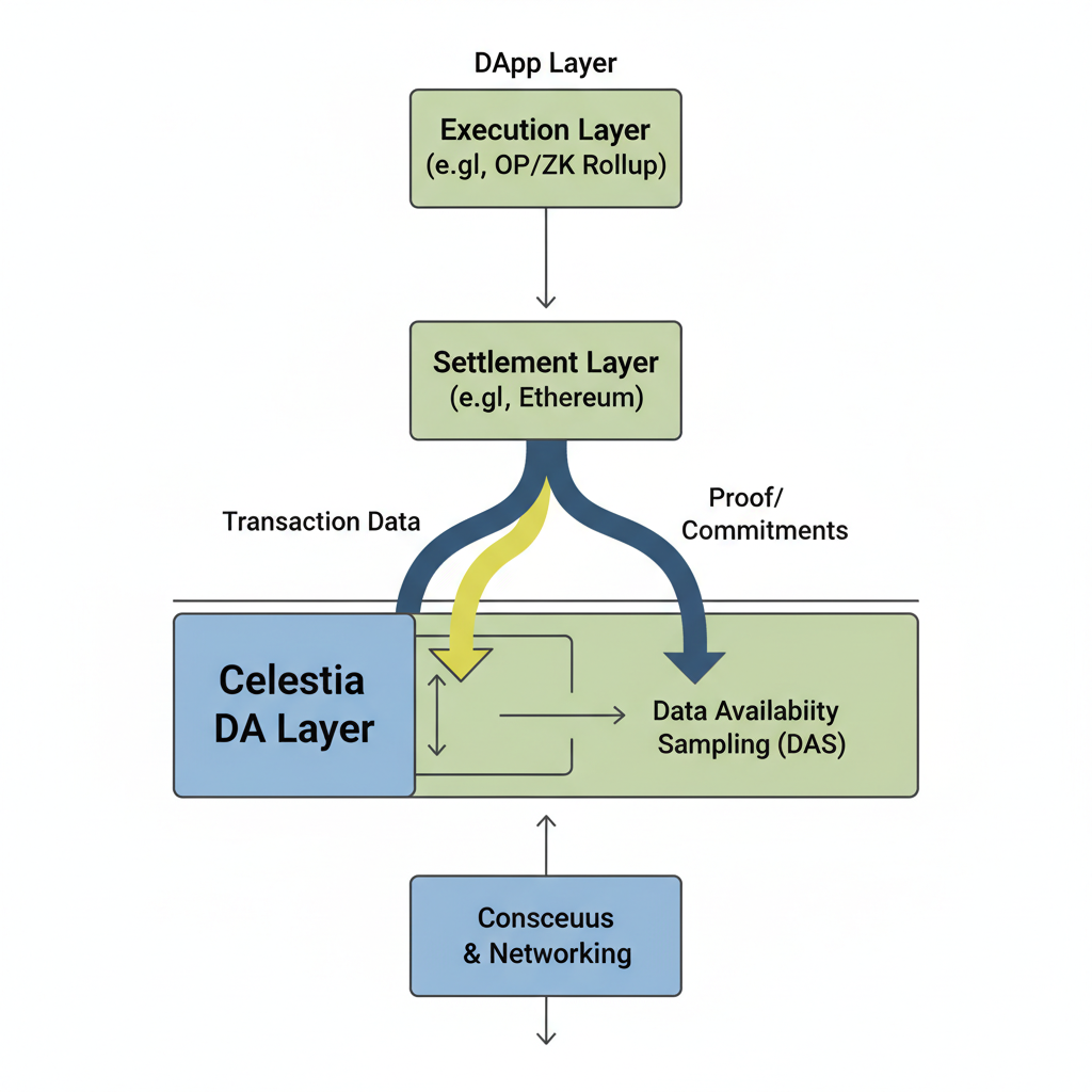 rollup stack integrating with Celestia DA layer, data flow arrows connecting modules
