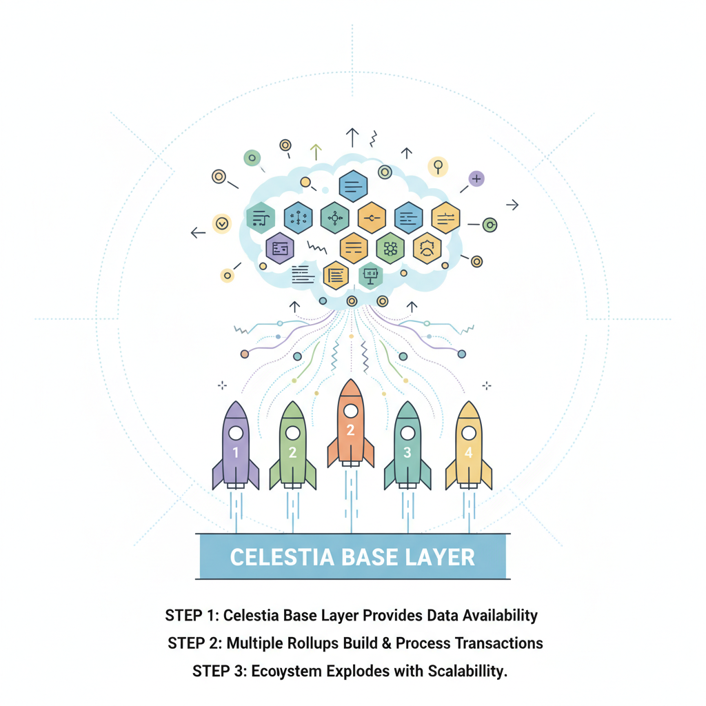 explosive scalable blockchain ecosystem, multiple rollups thriving on Celestia base layer