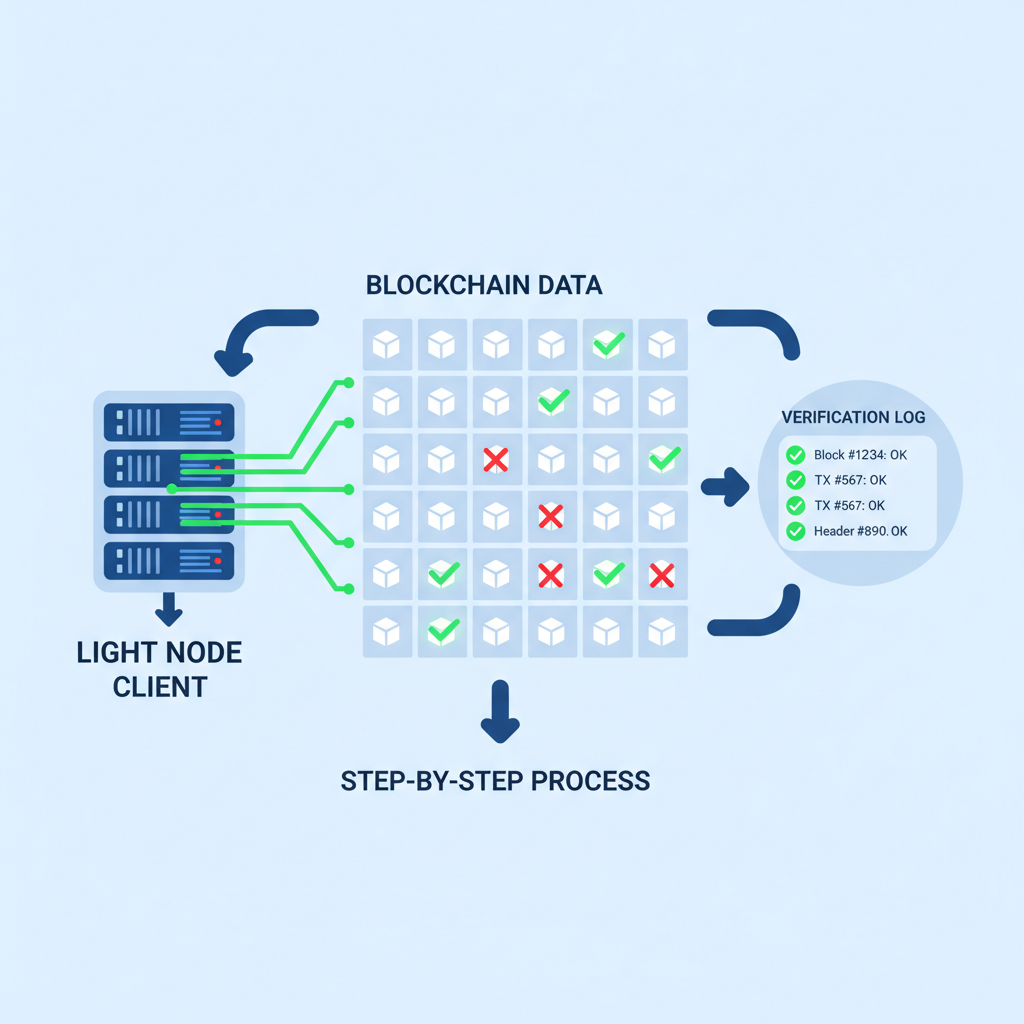 light node client sampling blockchain data, green verification checks on grid