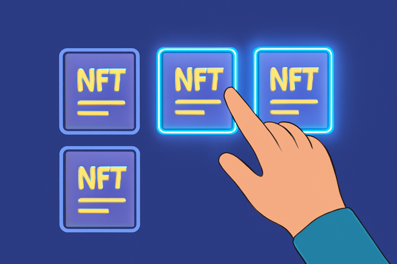 A user selecting multiple digital NFT cards, each glowing as they are chosen for staking.