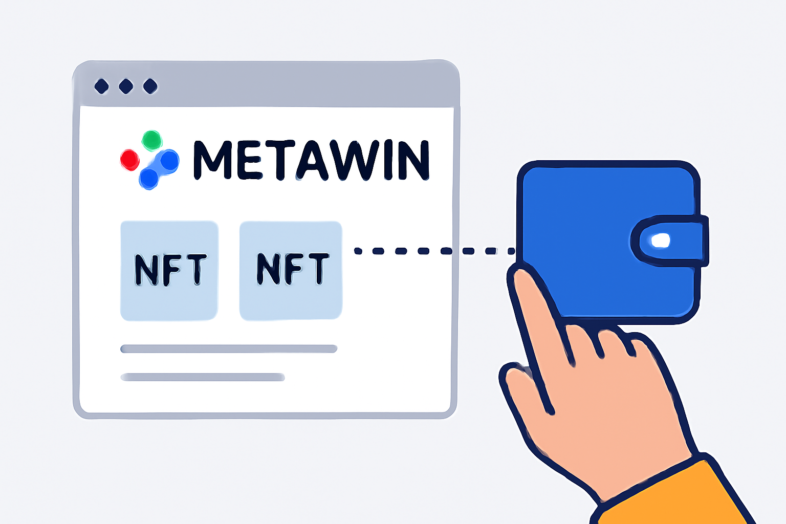 A hand connecting a digital wallet to a website interface, with the MetaWin logo and NFT icons visible.
