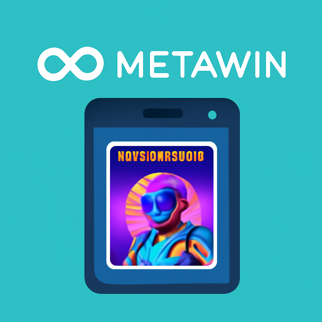 A digital wallet displaying a MetaWinners NFT with vibrant, futuristic artwork, set against a backdrop of the MetaWin logo.
