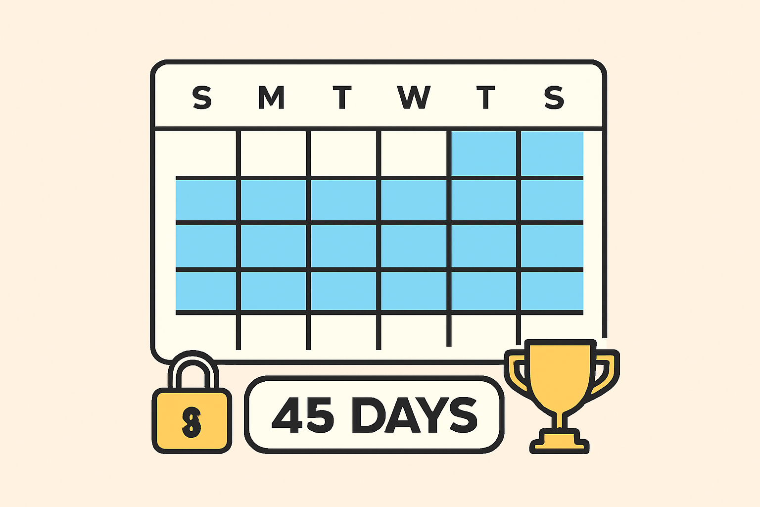 A calendar interface highlighting a 45-day period, with a lock and reward icons.
