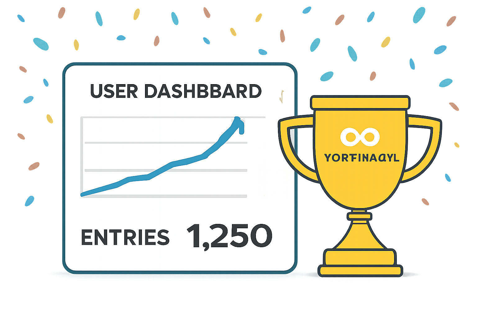 A user dashboard showing growing entry numbers, animated confetti, and a trophy with the MetaWinners logo.