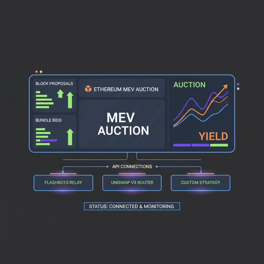 futuristic dashboard streaming Ethereum MEV auction data and API connections