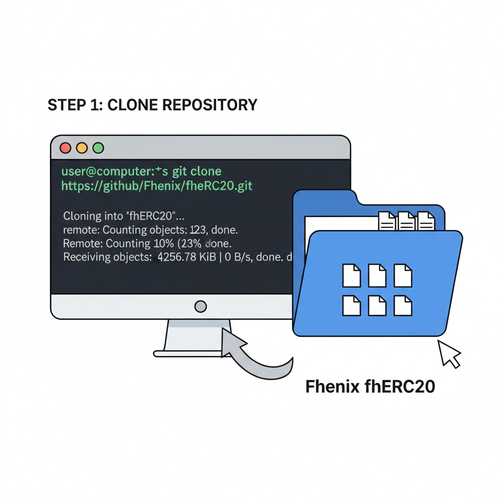 git clone command in terminal, repo files opening, Fhenix fhERC20 folder icon